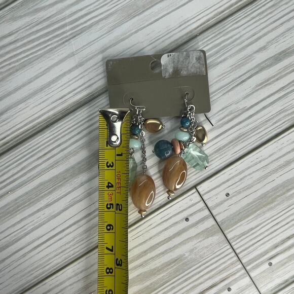 Chico's Women's Drop Beaded Dangly Silver Earrings NWT Tan Green Gold - Picture 3 of 3